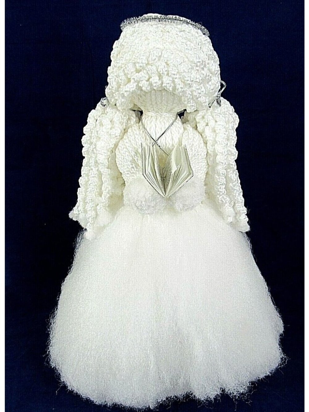 Handcrafted Christmas Angel Tree Topper Knit & Mesh White Silver Accents Approx